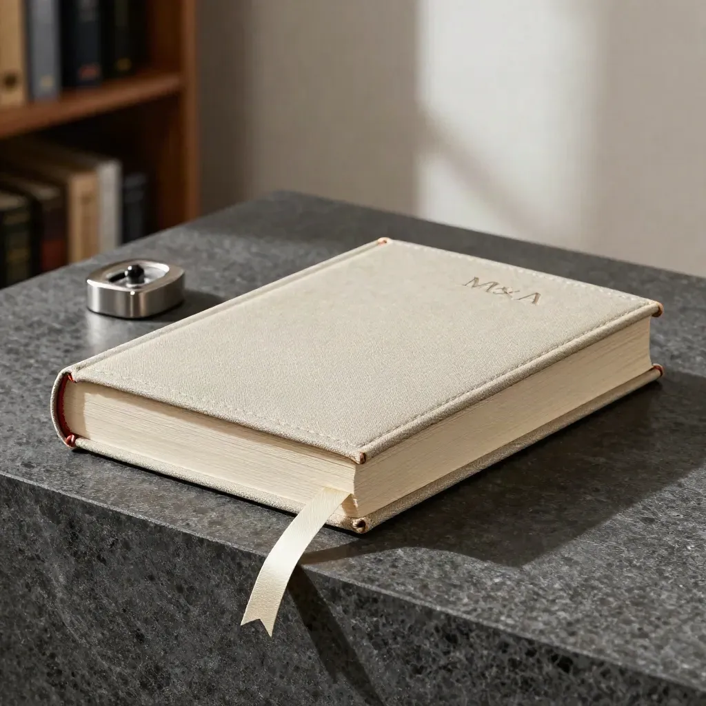 Dikke overnamegids half uit een hoes op een stenen sokkel, met lint en zachte studioverlichting.