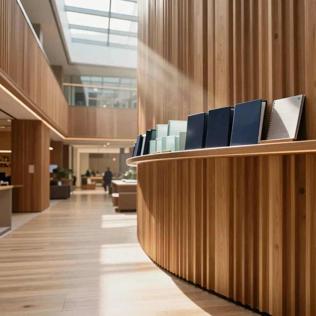 Warm houten atrium met glazen corridor en bronzen rail, zacht zonlicht en rustige vloer.